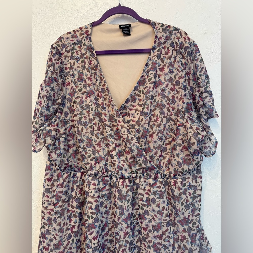 Torrid Womens 4X Purple Ditsy Floral Short Sleeves Chiffon Babydoll Blouse - Picture 12 of 16